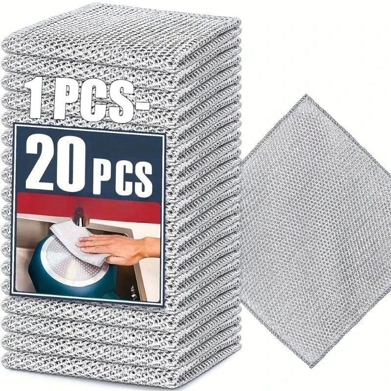 20/1x Steel Wire Cleaning Cloths Double Layer Metal Silver Wire Dishwashing Towels Kitchen Pot Pan Dish Non Stick Oil Rags Cloth Zpaxo