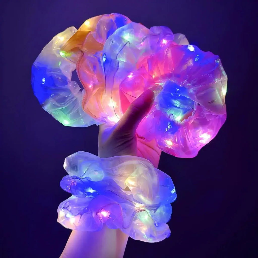 LED Light Up Hair Scrunchies Candy Bright Organza Scrunchy Elastic