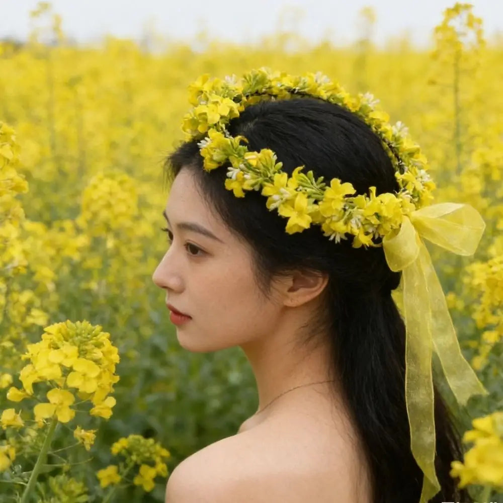 Pastoral Scenic Rapeseed Flower Wreath Flower Garland Bright Cloth Flower Bride Flower Crown Headbands Zpaxo