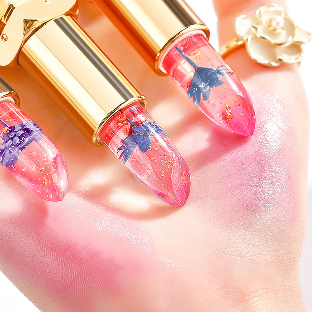 Transparent Flower Infused Lipstick, Gold Foil Jelly Lip Gloss for Long-lasting Hydration & Pink Tint Zpaxo