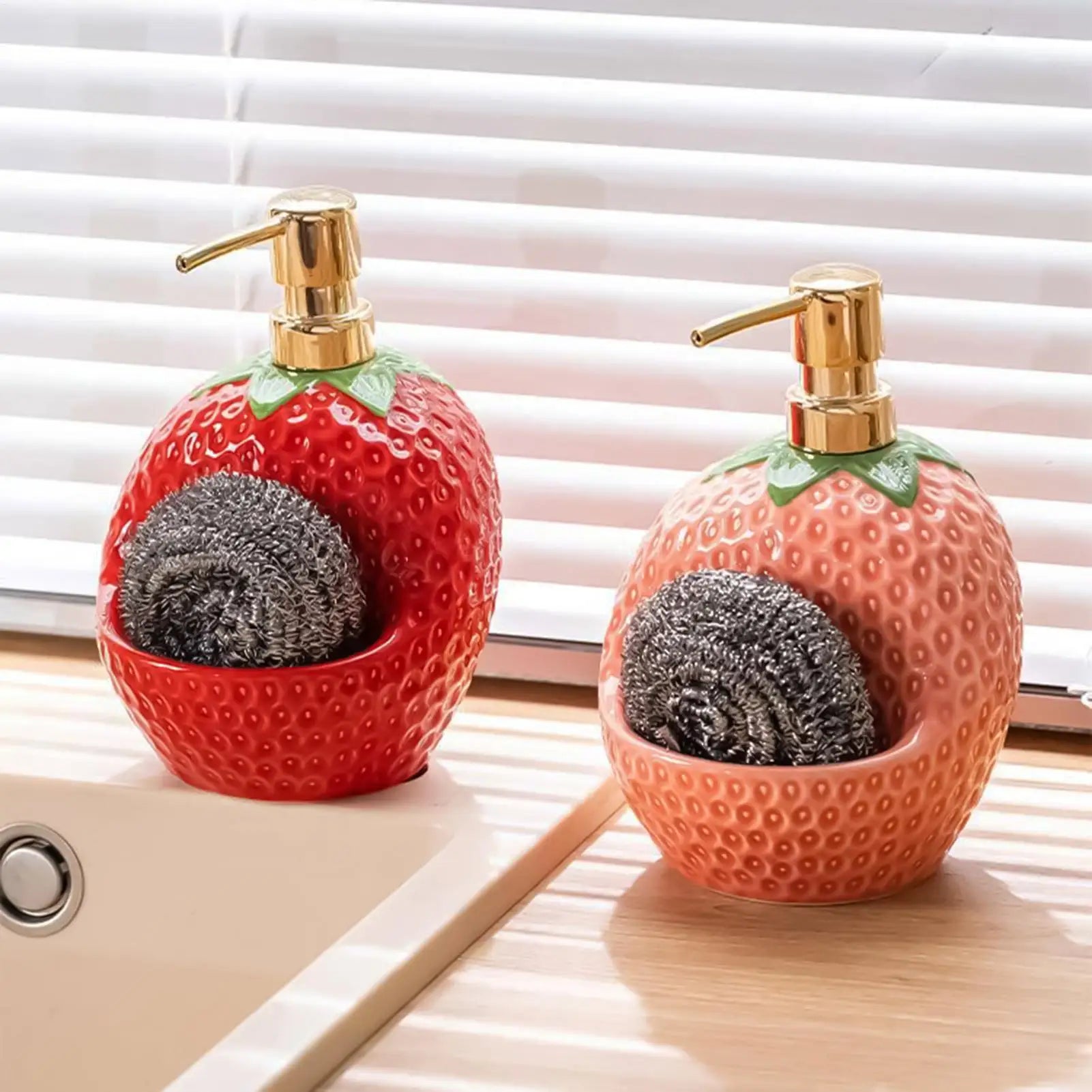 Soap Dispenser 20 Oz Strawberry Shape Ceramic Refillable Liquid Lotion Bottle Bathroom Hand Soap Dispenser with Sponge Holder Zpaxo