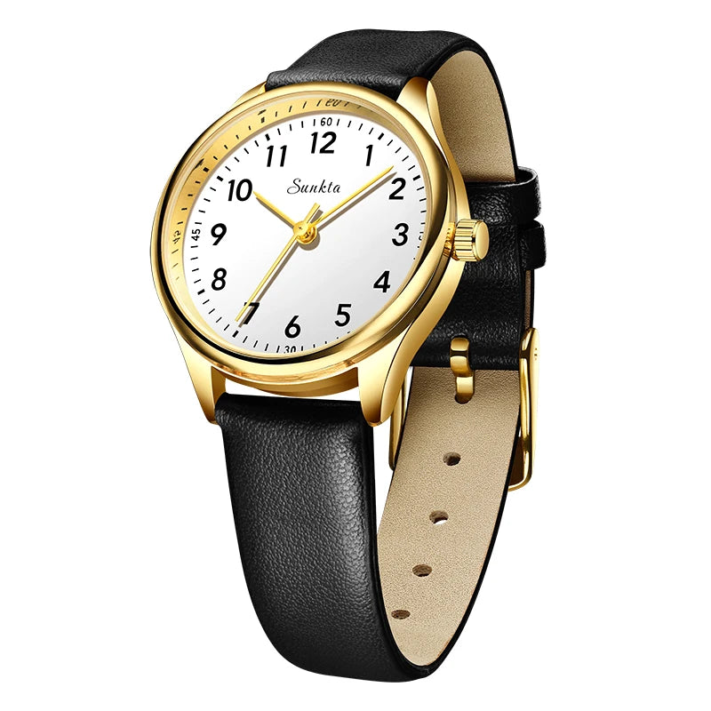 SUNKTA new fashion luxury women's quartz watches elegant leather Watches for Women waterproof simple ladies watches reloj+BOX Zpaxo Black gold white