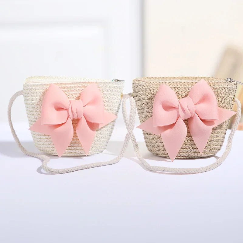 Cute Bow Straw Shoulder Bags Baby Girls Handmade Woven Crossbody Bag