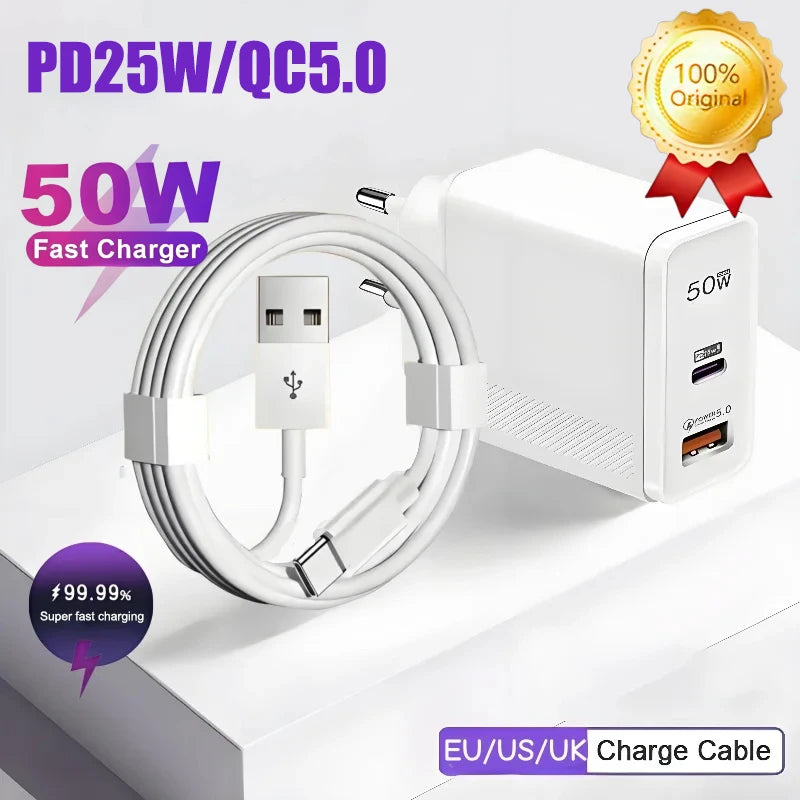 50W PD USB C Fast Charger Apple Iphone 17 Max Charging Cable Phone