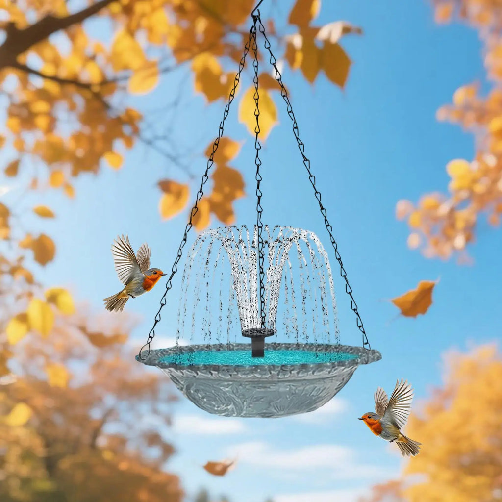 Solar Bird Bath Hangable Fountain Hummingbird Feeding Bowl Water Pump