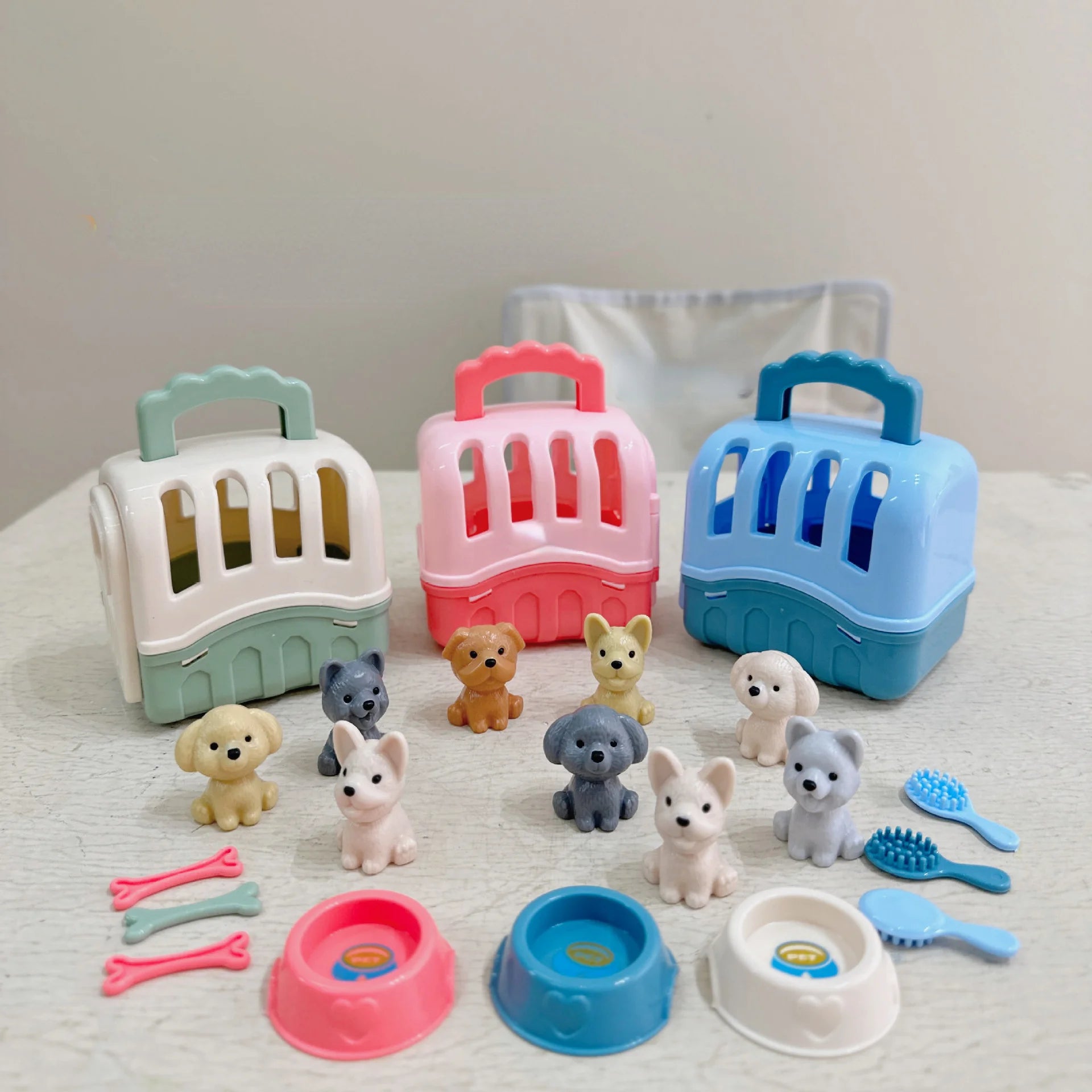 Cute Dog Pet Basket Family Toys Doll Cage Scene Playing Christmas