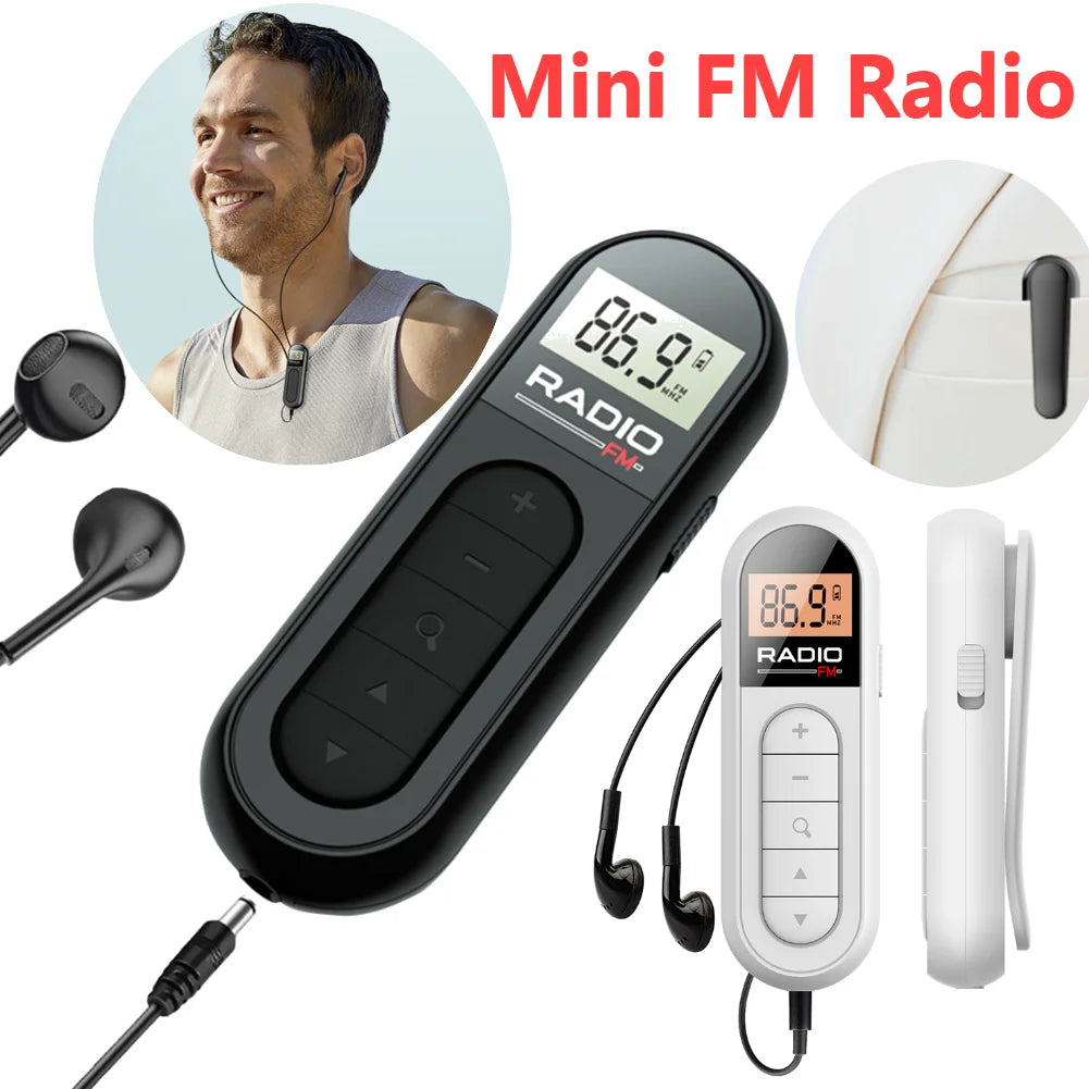 FM Radio Backlight LCD Display Mini Pocket Clip Headphones Personal