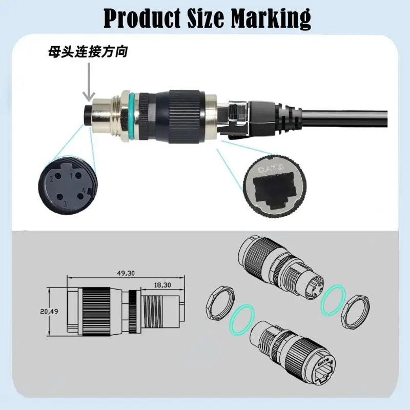 652F 12mm 8Pin to RJ45 Waterproof Adapter Industrial Networking Connector 10Gbps Data Transfer IP68 for Harsh Environment Zpaxo
