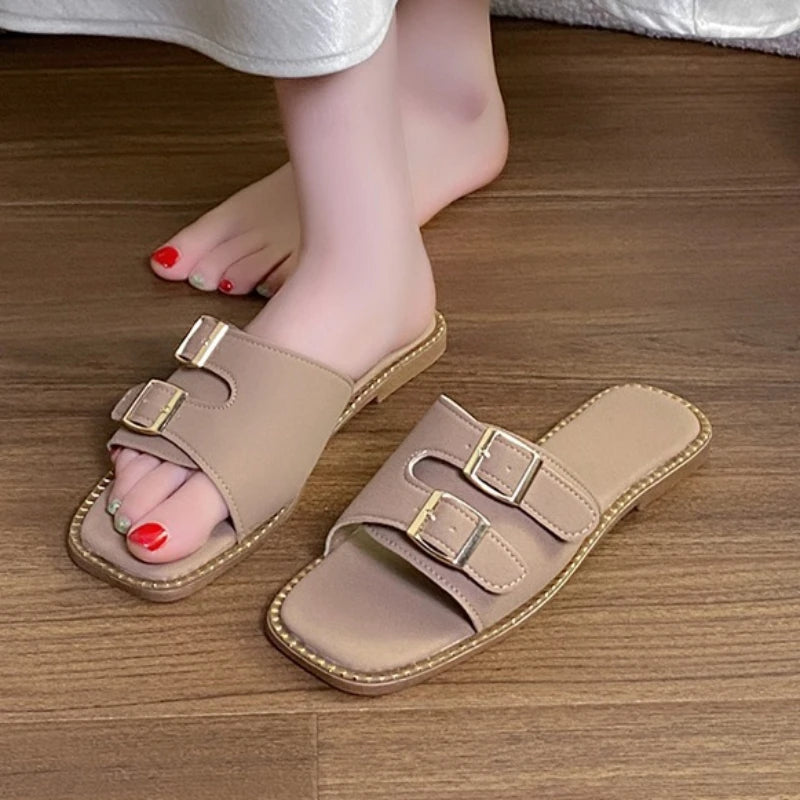 Women's Square Open Toe Comfortable Double Buckle Strap Slippers Zpaxo Brown 42