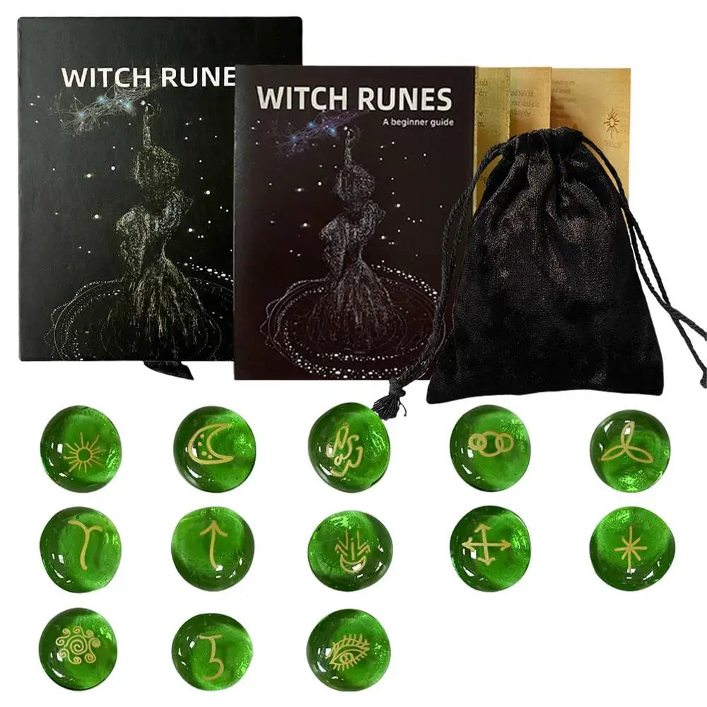 Green Rune Stones Beginners Glass Runes Book Witches Velvet