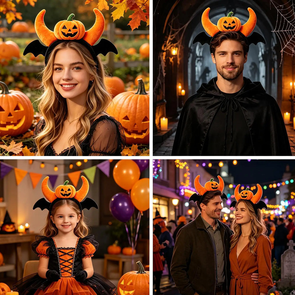 Pumpkin Headband Fuzzy Spooky Elastic Bat Wings Headpiece Hair Bands