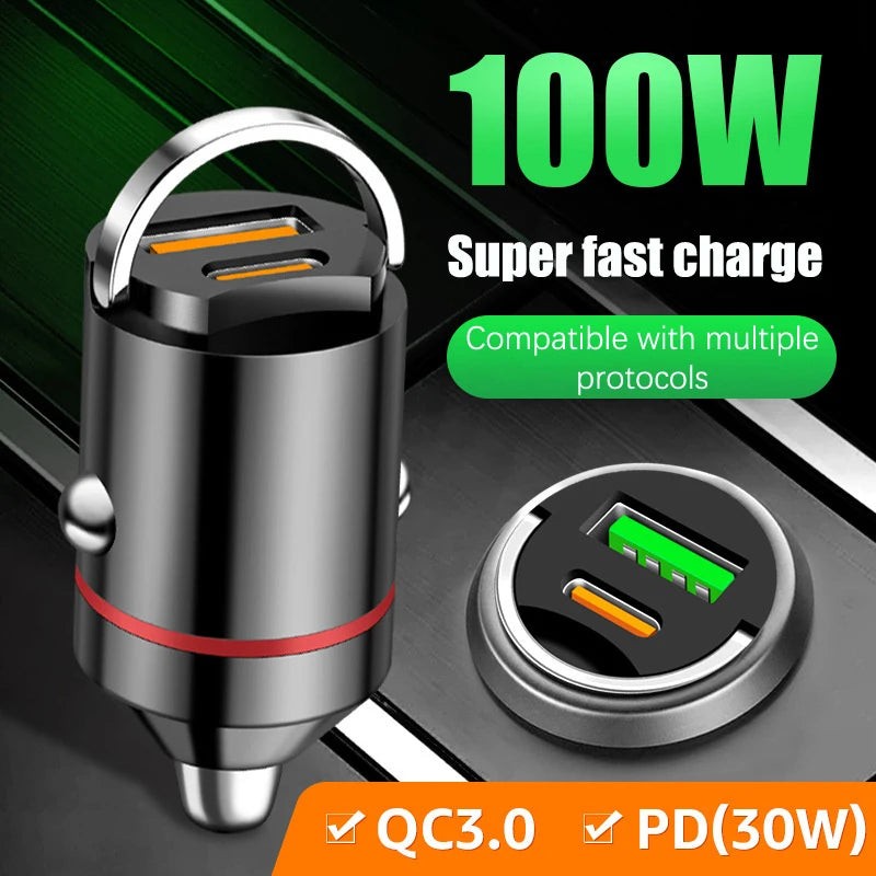 100W Mini Dual Ports USB Car Charger Lighter Fast Charging Phone