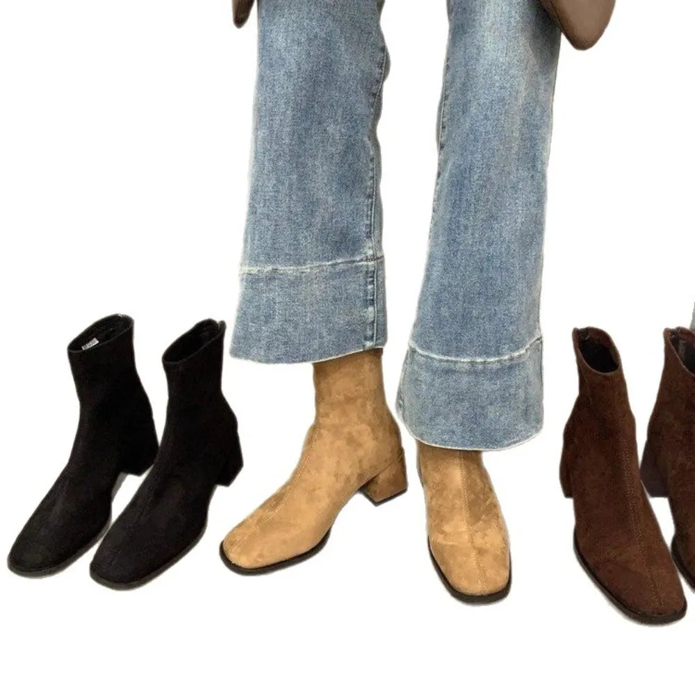 Autumn Winter Fleeces Women Sock Ankle Boots Fashion Square Heel