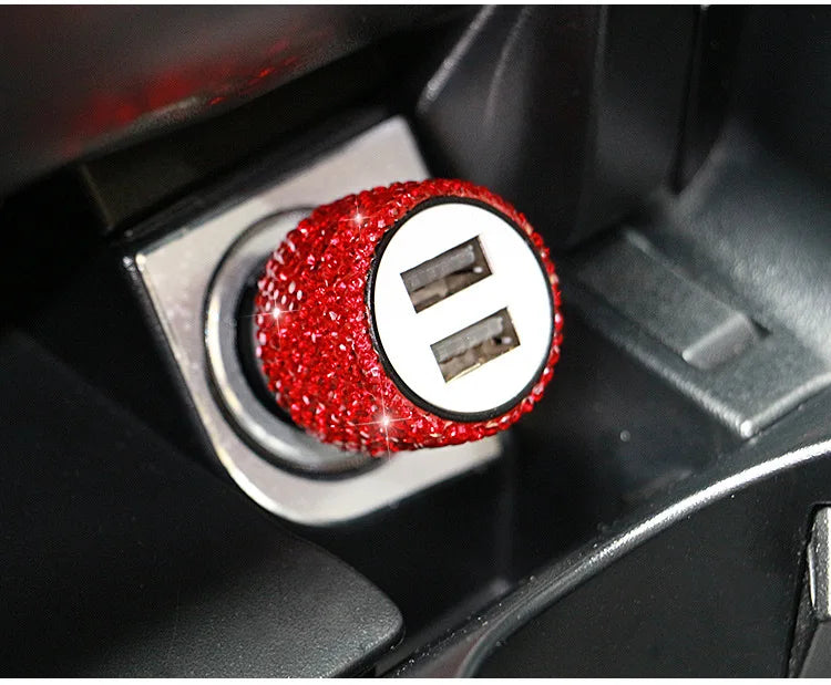 Dual USB Port Car Charger Safety Hammer Design Handmade Rhinestone Zpaxo red China Mainland