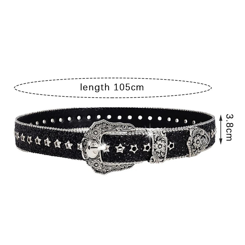 Eye-catching Rhinestone Gothic Belts Girls Western Cowboy PU Leather Zpaxo