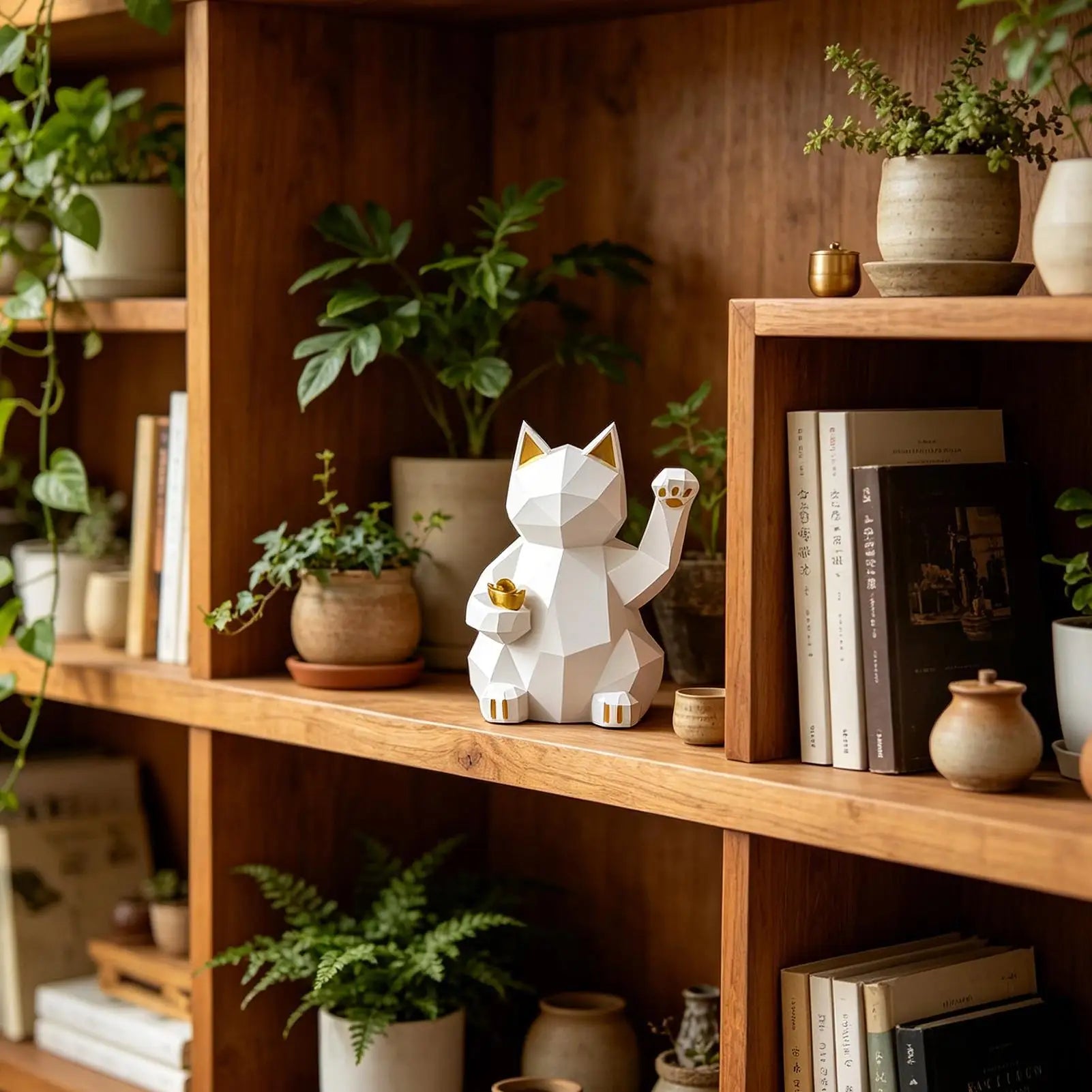 Luck Cat Geometric Resin Waving Desk Fortune Decor Home Office