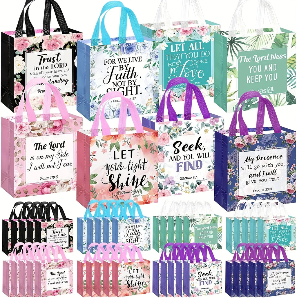 Floral Bible Tote Bags – Reusable Non-Woven Gift Bags (8–32 Pack)
