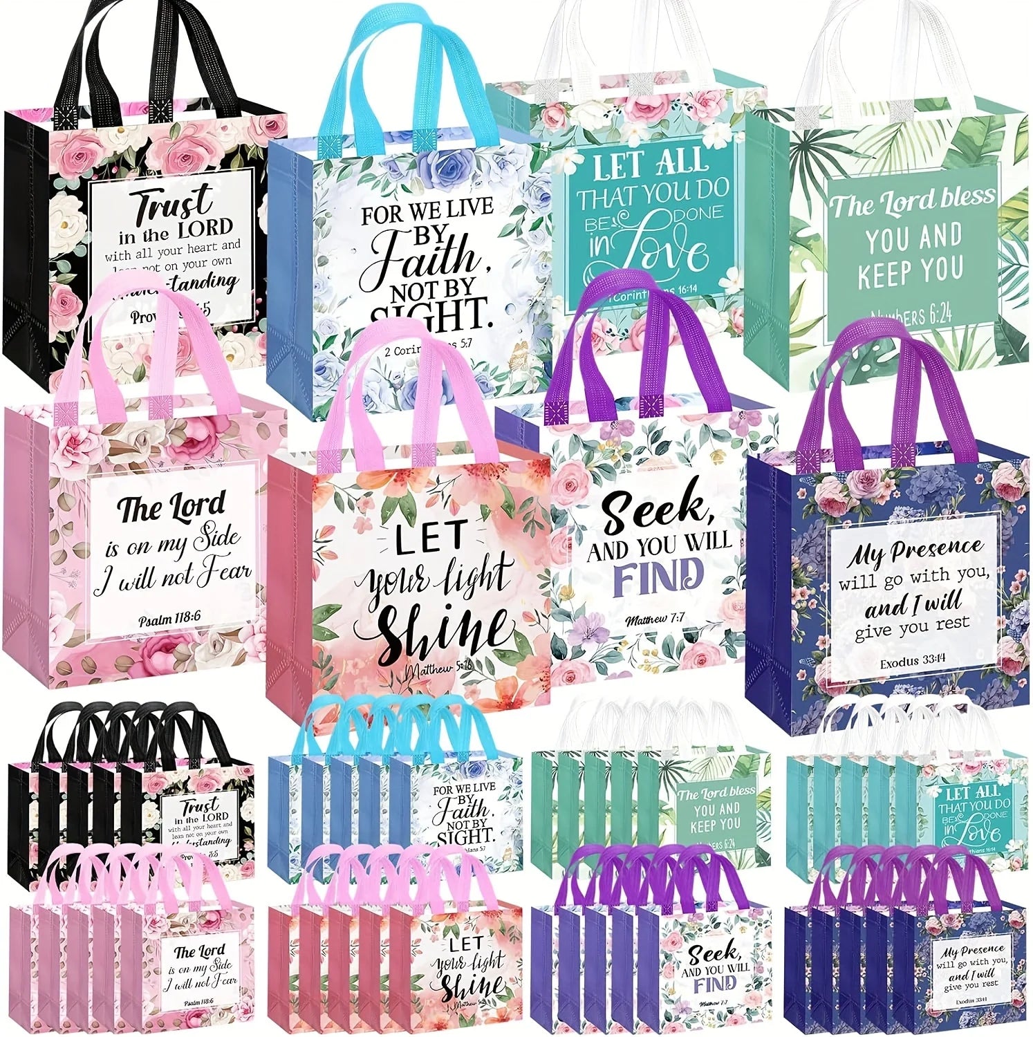 Floral Bible Tote Bags – Reusable Non-Woven Gift Bags (8–32 Pack)