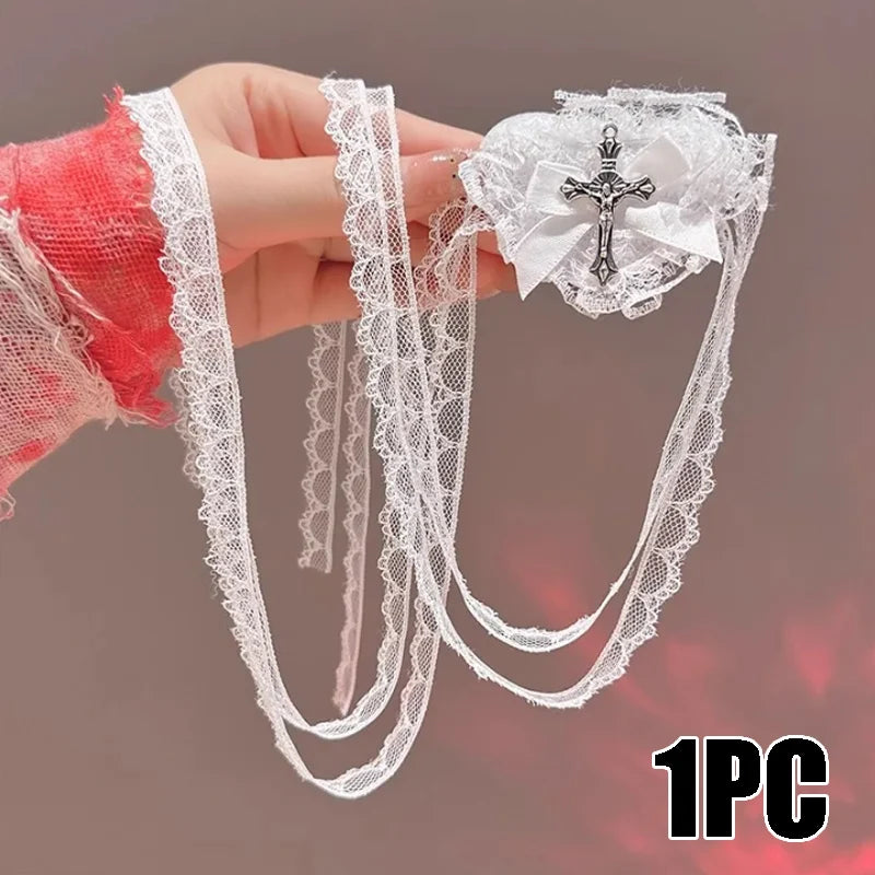 Sweet Edgy Black White Lace Bow Heart Cross Eye Mask Halloween Lolita Zpaxo White-1PC