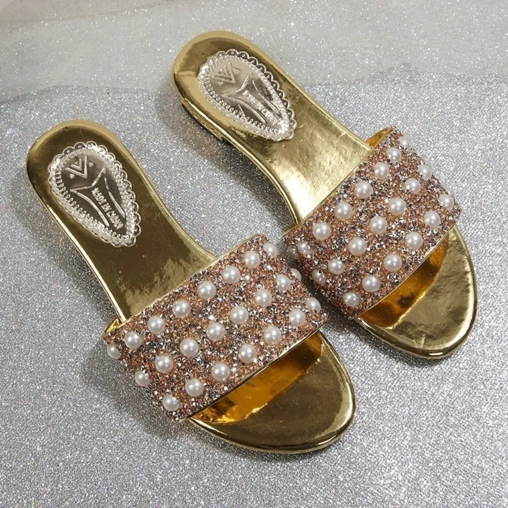 Women Summer Rhinestone Slippers Fashion Round Toe Square Heel