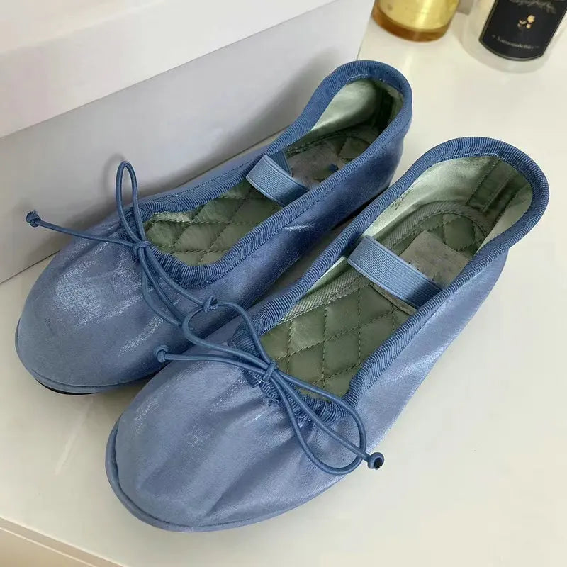Korean Ballet Shoes for Women Flat 2024 Spring and Autumn New Style Butterfly Knot Silk Mary Jane Shoes Fairy Flat Shoes Women Zpaxo BLUE 35