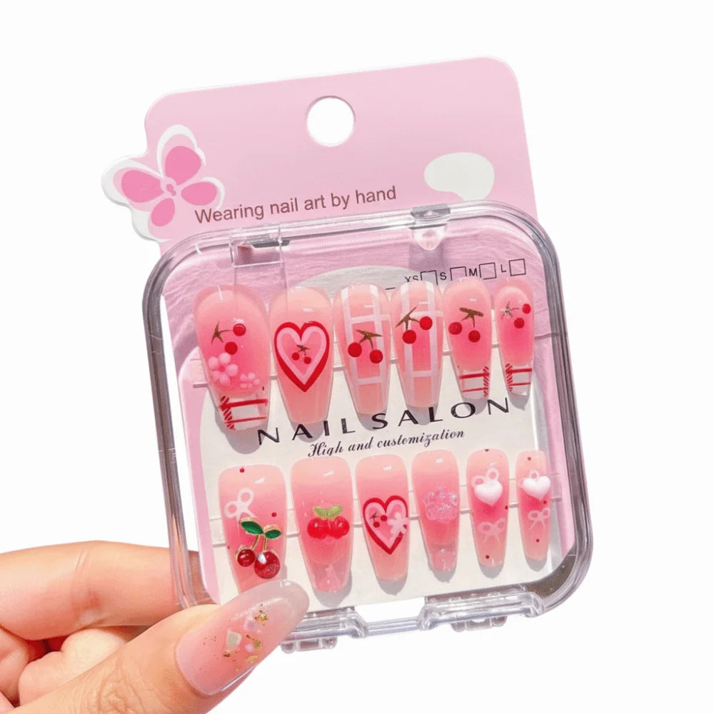 Hot Cartoon Children Wearing Nails Cherry Love Heart Cute Press on Nail Detachable Long Nail Sticker for Girls Students Zpaxo