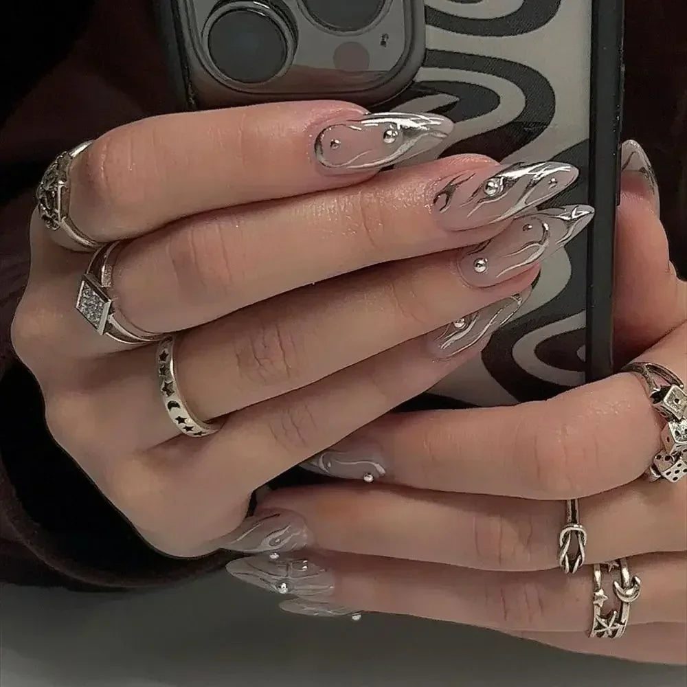 24pcs Long Almond False Nails French Leopard Star Press on Nails Fake Nails DIY Manicure Detachable Nail Tips Zpaxo JP2794