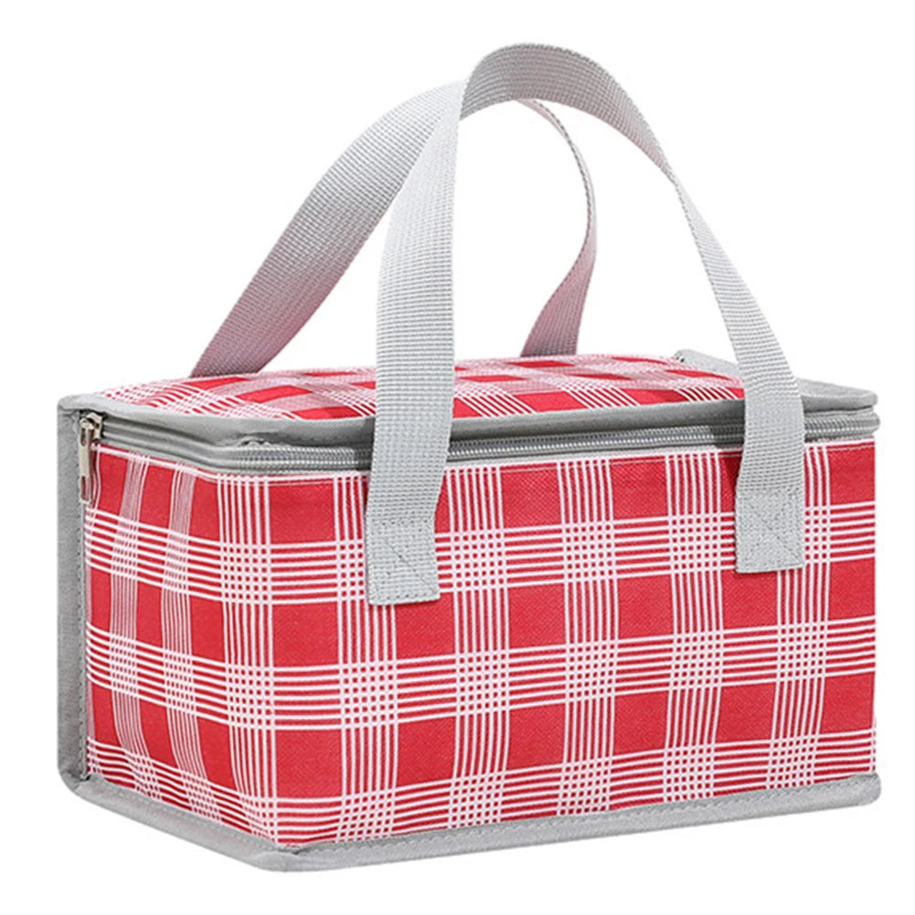 Insulated Picnic Bag Dual Zippers Camping Lunch Waterproof Plaid Tote Zpaxo Red