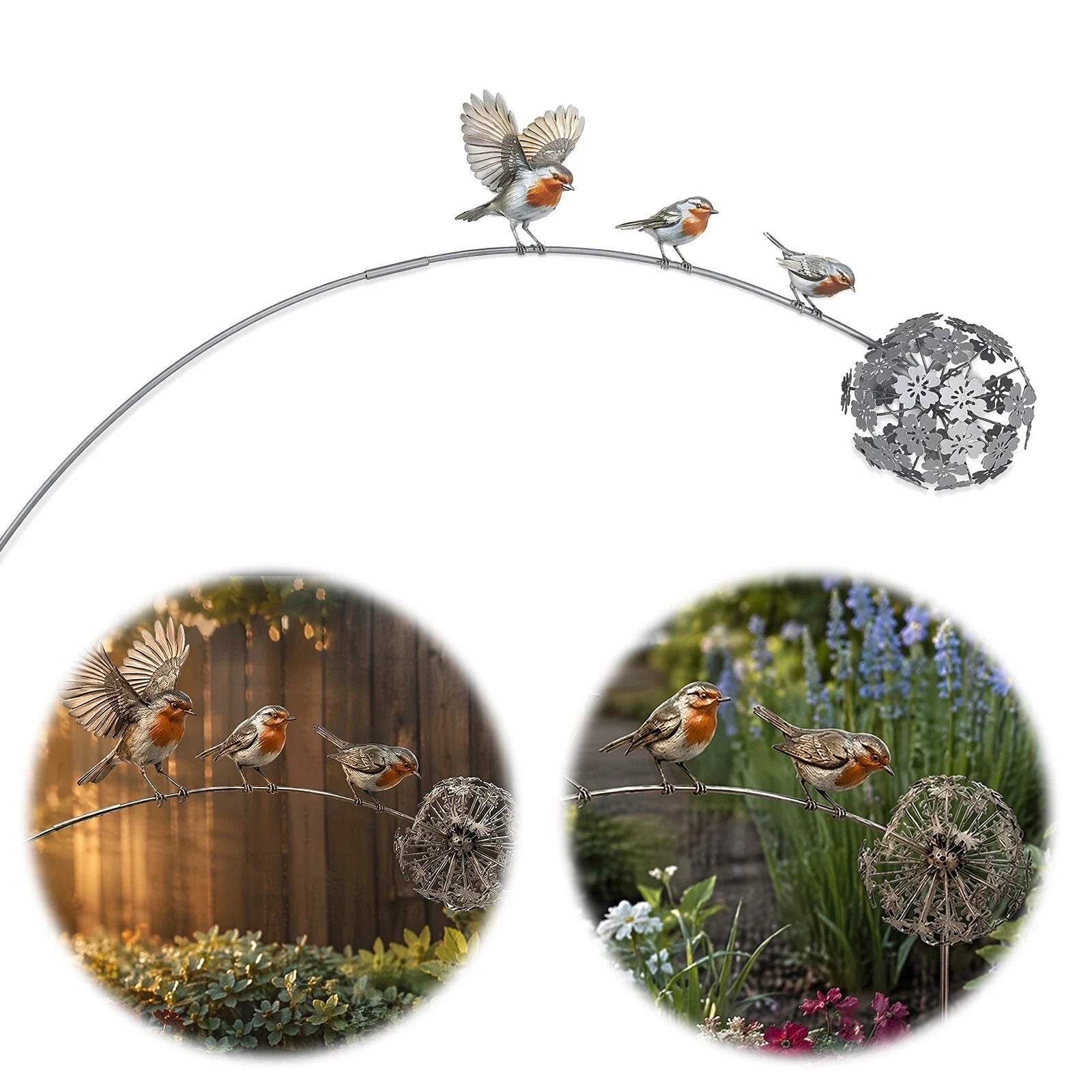 Outdoor Yard Art Stake Weather Resist Rustic Robin Birds Dandelion