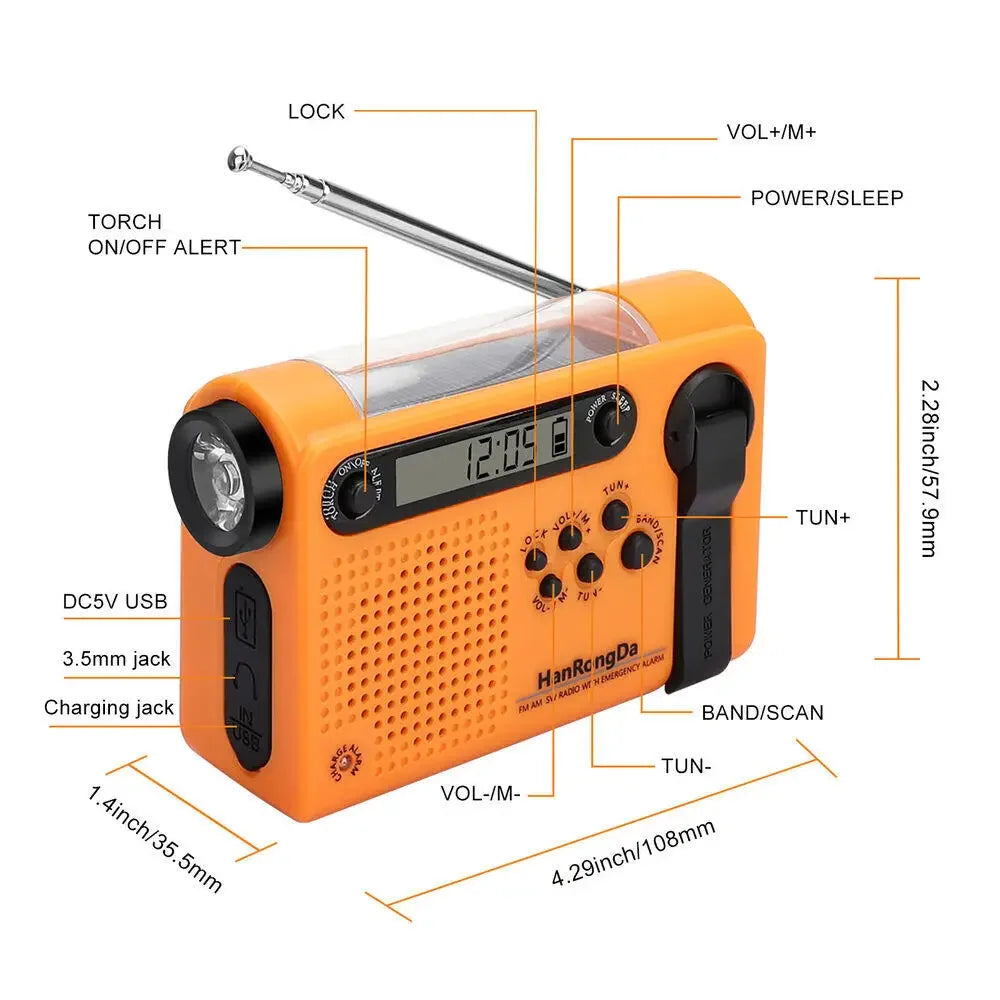 Portable AM FM SW Solar Hand Crank Radio Weather Emergency 1 2000mAh