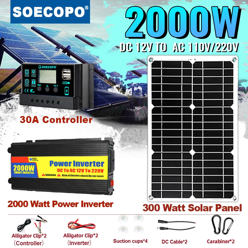Solar Kit 2000W Inverter Solar Panel and 30A Controller Complete System for DC 12V to AC 220V Outdoor Power Generation Zpaxo 12V TO 220V 50HZ