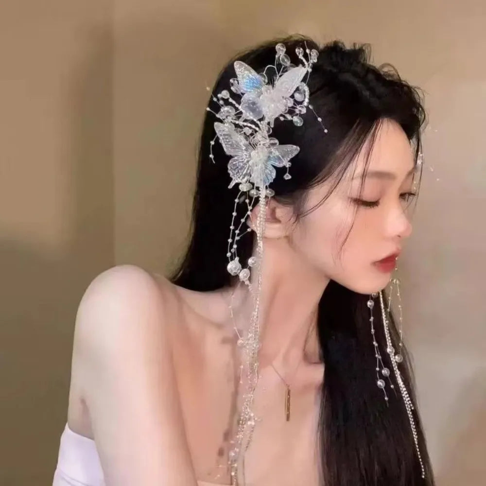 Butterfly Tassel Hairpin Photo Shoot Accessories Transparent Pearl Zpaxo