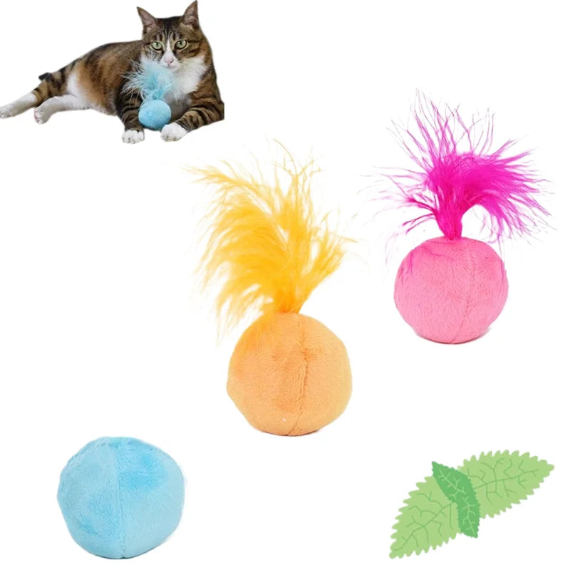 Furry Ball Cat Toy Feather Catnip Interactive Pom Balls Cats Soft