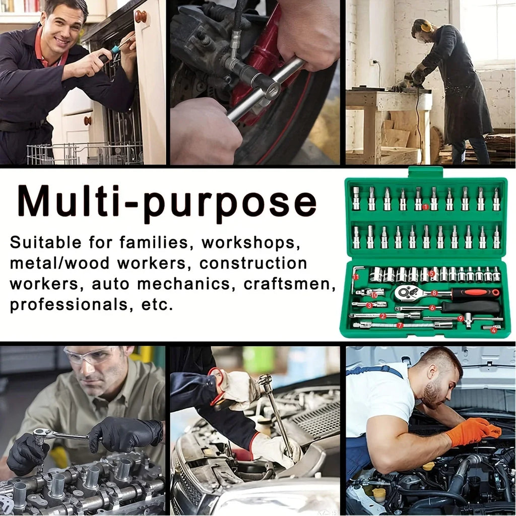 46Pcs Family Tools 1/4 Set Mechanic Tool Kits for Auto Repair Hous with Sockets Metric Hex Bit Socket Set inch Ratchet Wrench Zpaxo