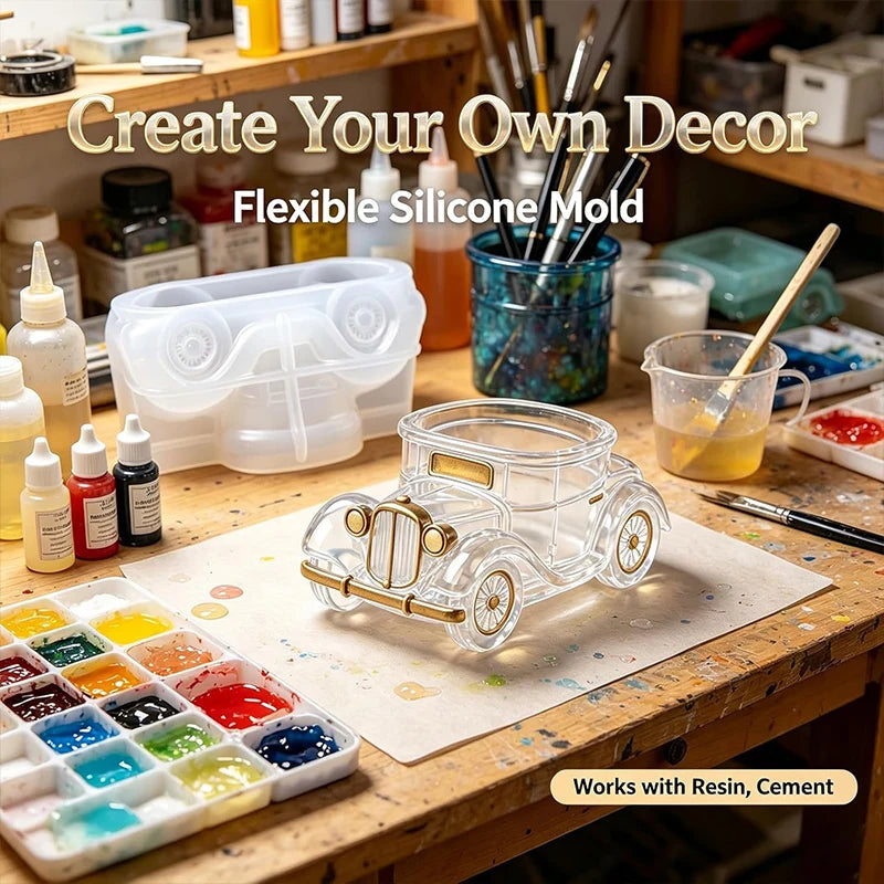 3D Vintage Bus Car Succulent Pot Silicone Mold DIY Succulent Planter Flower Pot Cement Plaster Pen Holder Candle Holder Mold Zpaxo