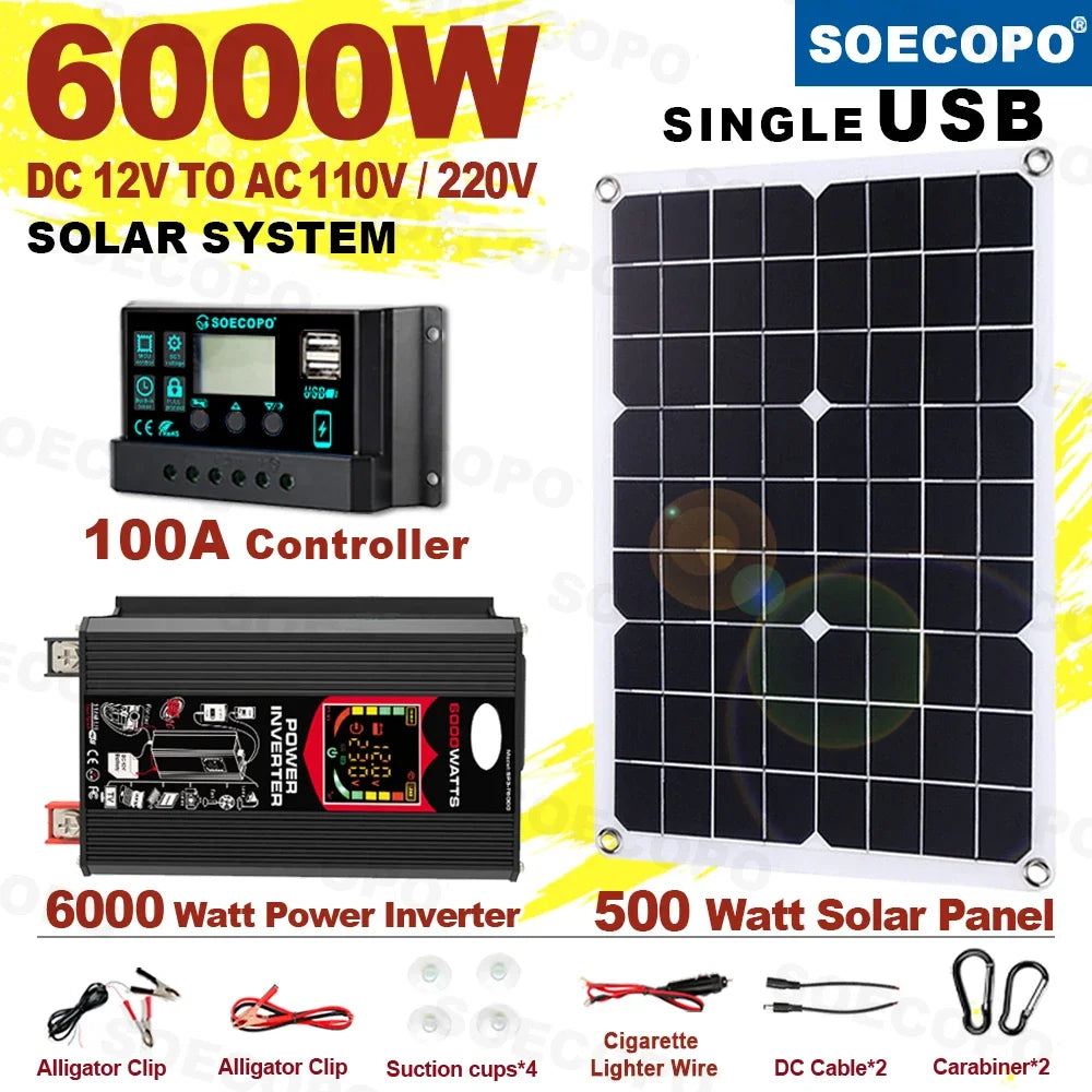 6000W Solar Generator 500W Panel 12V DC to 220V110V Inverter 100A Controller Off-Grid System for RV Camping CE RoHS Zpaxo