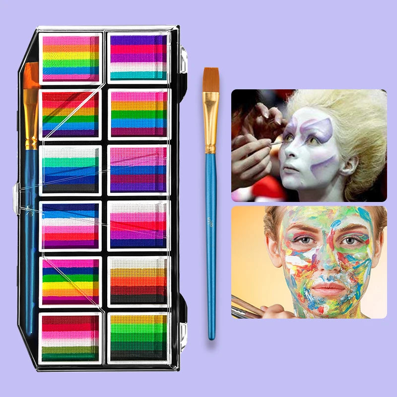 12 Grids Face Body Paint Palette Makeup,Rainbow Split Cake Palette,Water-based Non-Toxic Face Paint For Halloween Festivel Party Zpaxo