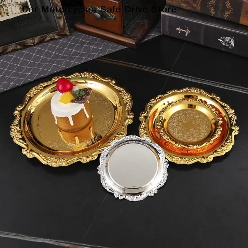 CMRetro Luxury Stainless Steel Plates Cake Dessert Tray Tea Snack