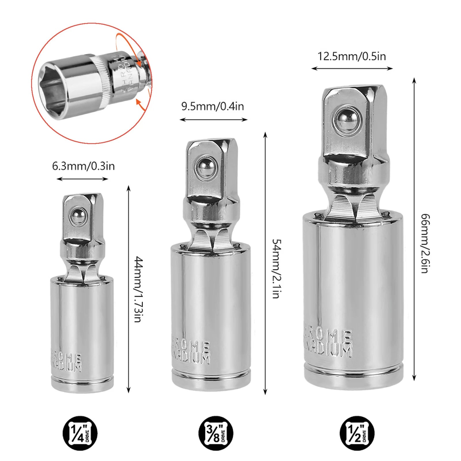 6/3Pcs 360 Degree Impact Universal Joint Swivel Socket Set Electric Wrench Swivel Socket Adapter 3/8inch 1/2inch 1/4inch Tool Zpaxo 3PCS B black