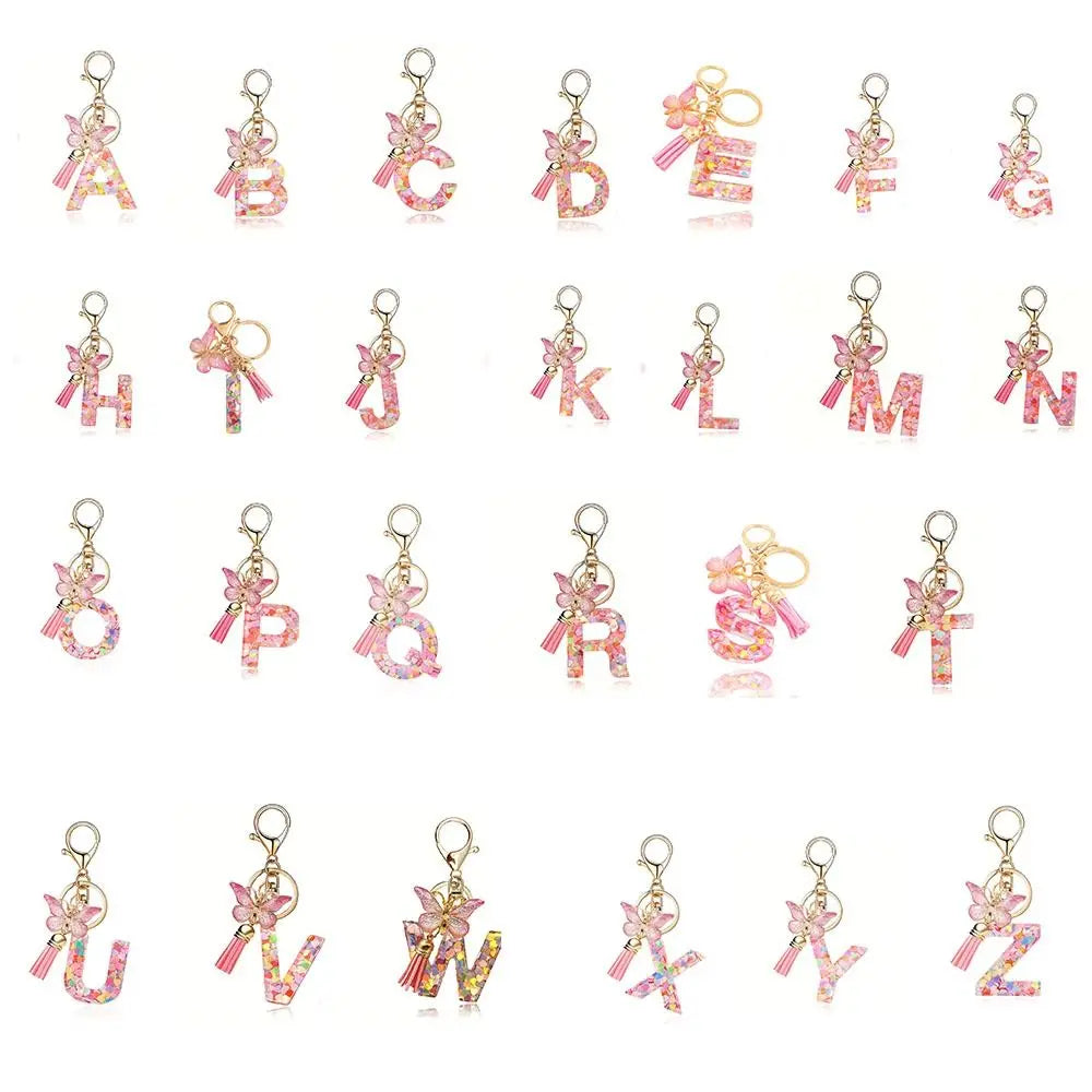 Personality Dreamy 26 Letter Keychain Sequin A-Z Butterfly Initial Keyring Exquisite Pink Alphabet Key Chain Handbag DecorWomen Zpaxo
