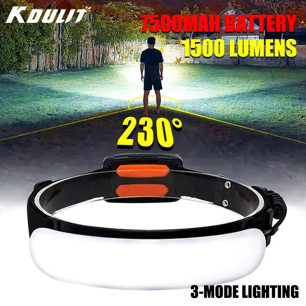 1500LM COB LED Headlamp 7500mAh USB Rechargeable IPX6 Waterproof