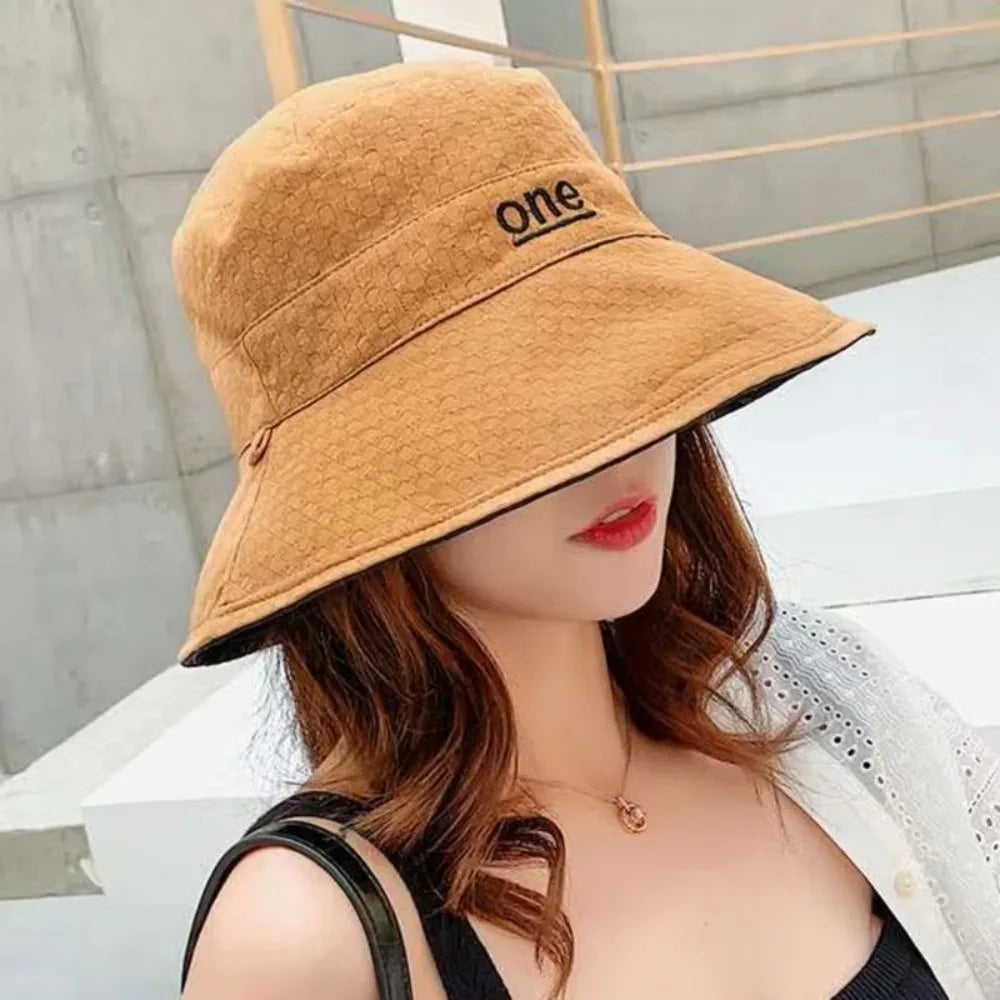 Fashion Double-Sided Bucket Hat Large Brim Sun Protection Panama Hat Letter Embroidery Breathable Sun Hat Zpaxo