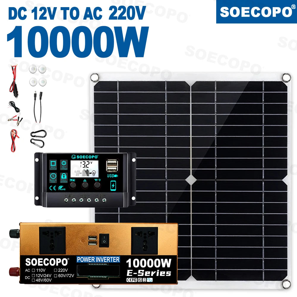 SOECOPO 10000W Solar System 300W Panel 100A MPPT Controller Smart Inverter 12V/24V to 110V 220V AC for Home RV Camping CE FCC Zpaxo Solar Kit 220V