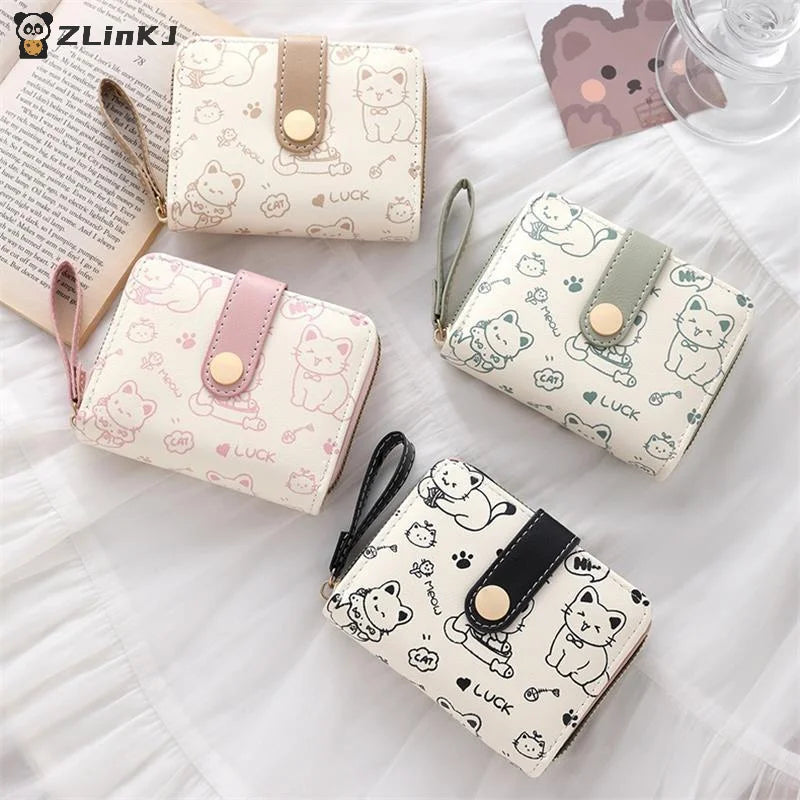 Women Short Wallet PU Leather Cute Cat Coin Purse Folding Zipper ID Zpaxo