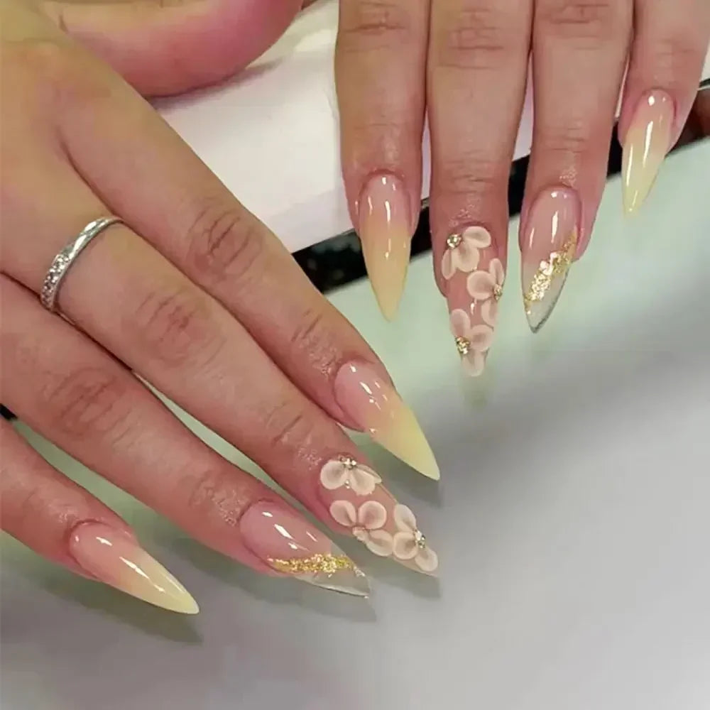 24pcs Long Almond False Nails French Leopard Star Press on Nails Fake Nails DIY Manicure Detachable Nail Tips Zpaxo Z887