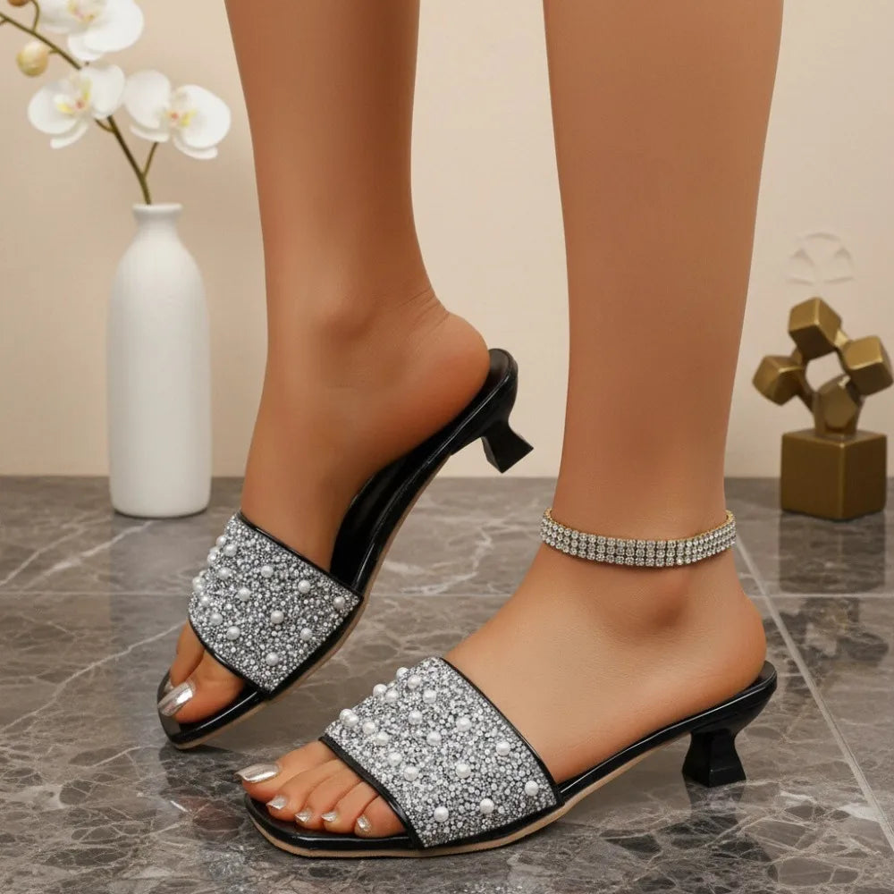 Summer Rhinestone Heel Slip-on Slippers Wear Outside Versatile Square