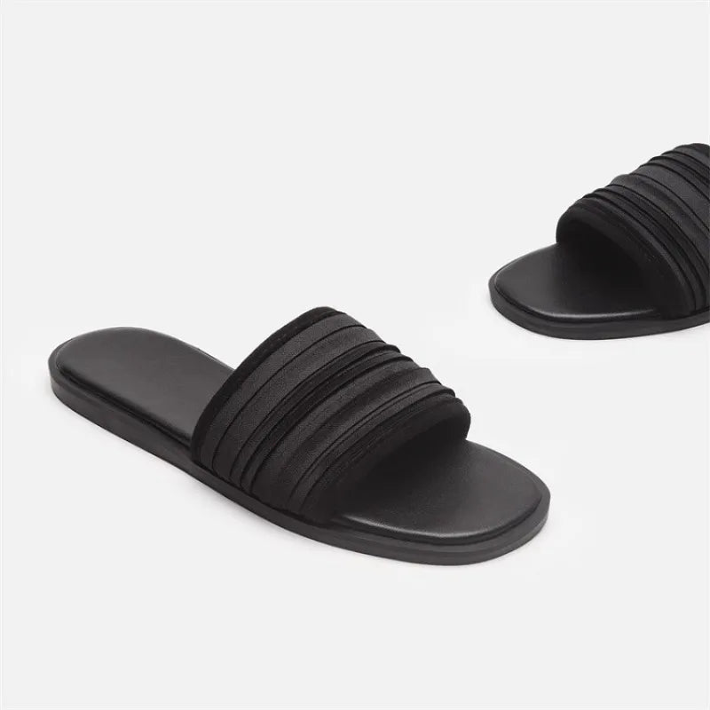 Slippers for Women Summer 2025 Low Heel Pleated Surface Beach Sandal Open Toed Flat Bottom Slippers Flats for Women Ladies Shoes Zpaxo