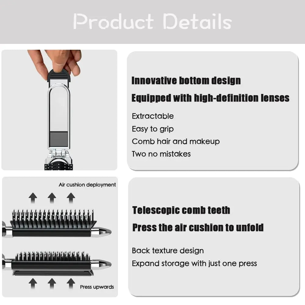 Folding Hair Brush with Mirror – Compact Travel Detangler