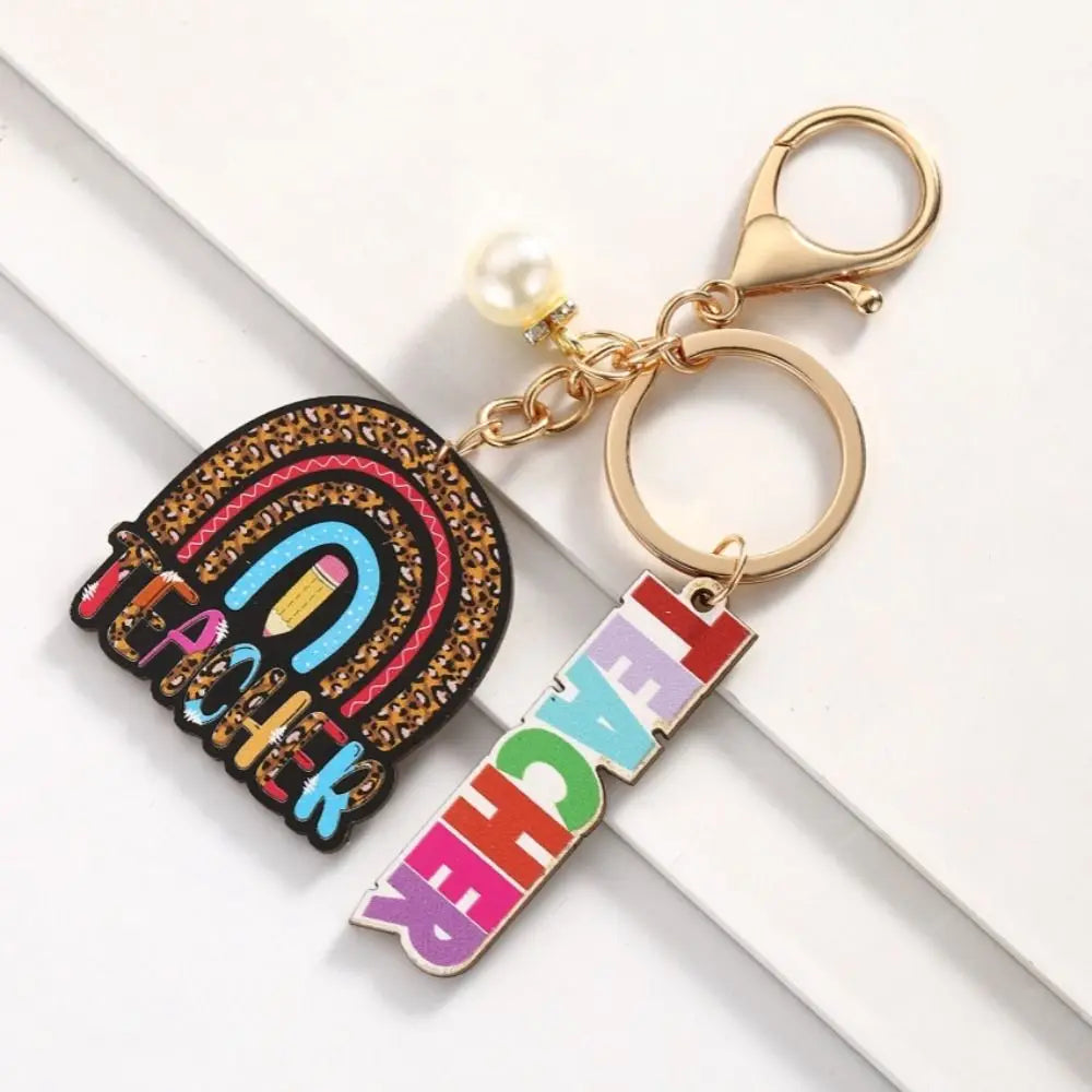 Wooden Teacher's Day Keychain English Letter Geometric Shape Text Keychain Pendant Colorful Rainbow Pen Holder Key Ring Zpaxo Style 5