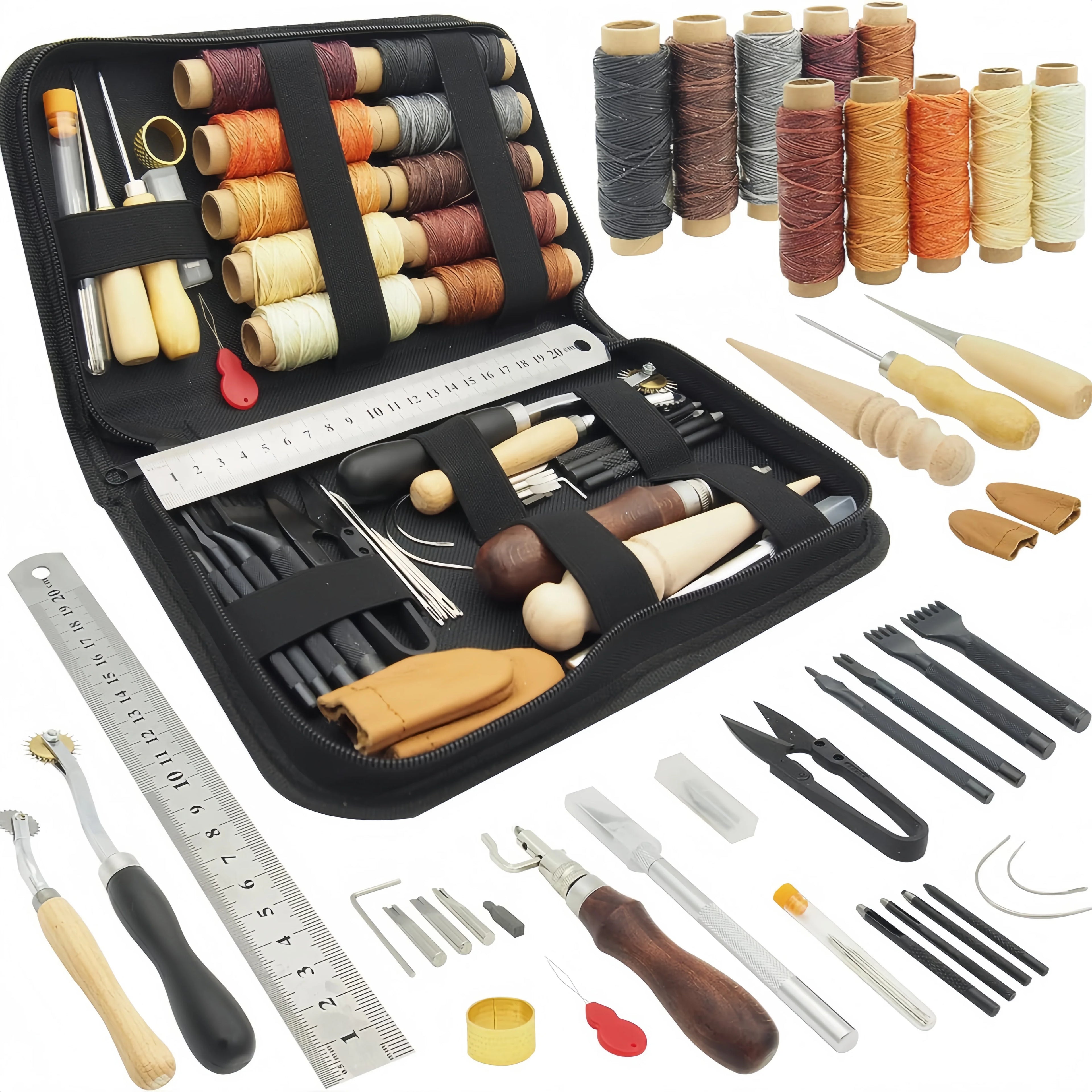 DIY leather making tool set, leather repair and sewing thread, leather craft punching tool combination, with storage bag Zpaxo